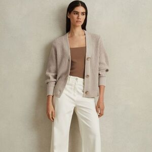 REISS Ariana Cotton Blend V-Neck Knitted Cardigan in Neutral Size Large